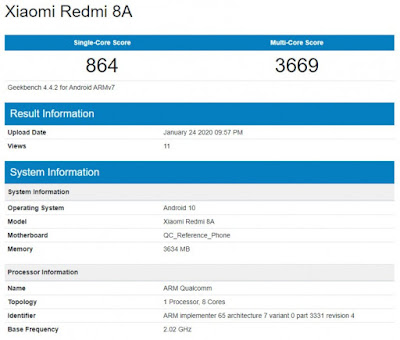 Xiaomi Redmi 8A yang menjalankan Android 10 terlihat di Geekbench