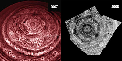 Hexágono de Saturno (Infrared observations of the north pole of Saturn as taken by the Cassini mission in 2007 and 2008 (NASA) )