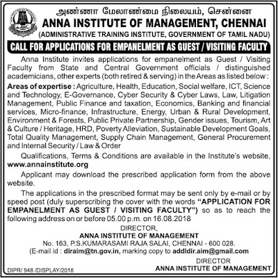 Anna Institute empanelment as Guest/Visiting Faculty Notification July 29, 2018, Dailythanthi