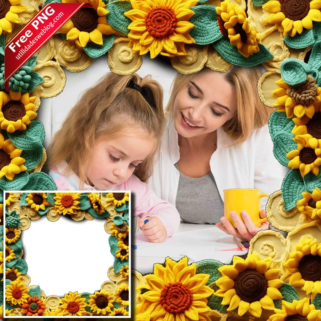 marco para fotos con flores de girasoles bordadas o de crochet en png con fondo transparente para descargar gratis