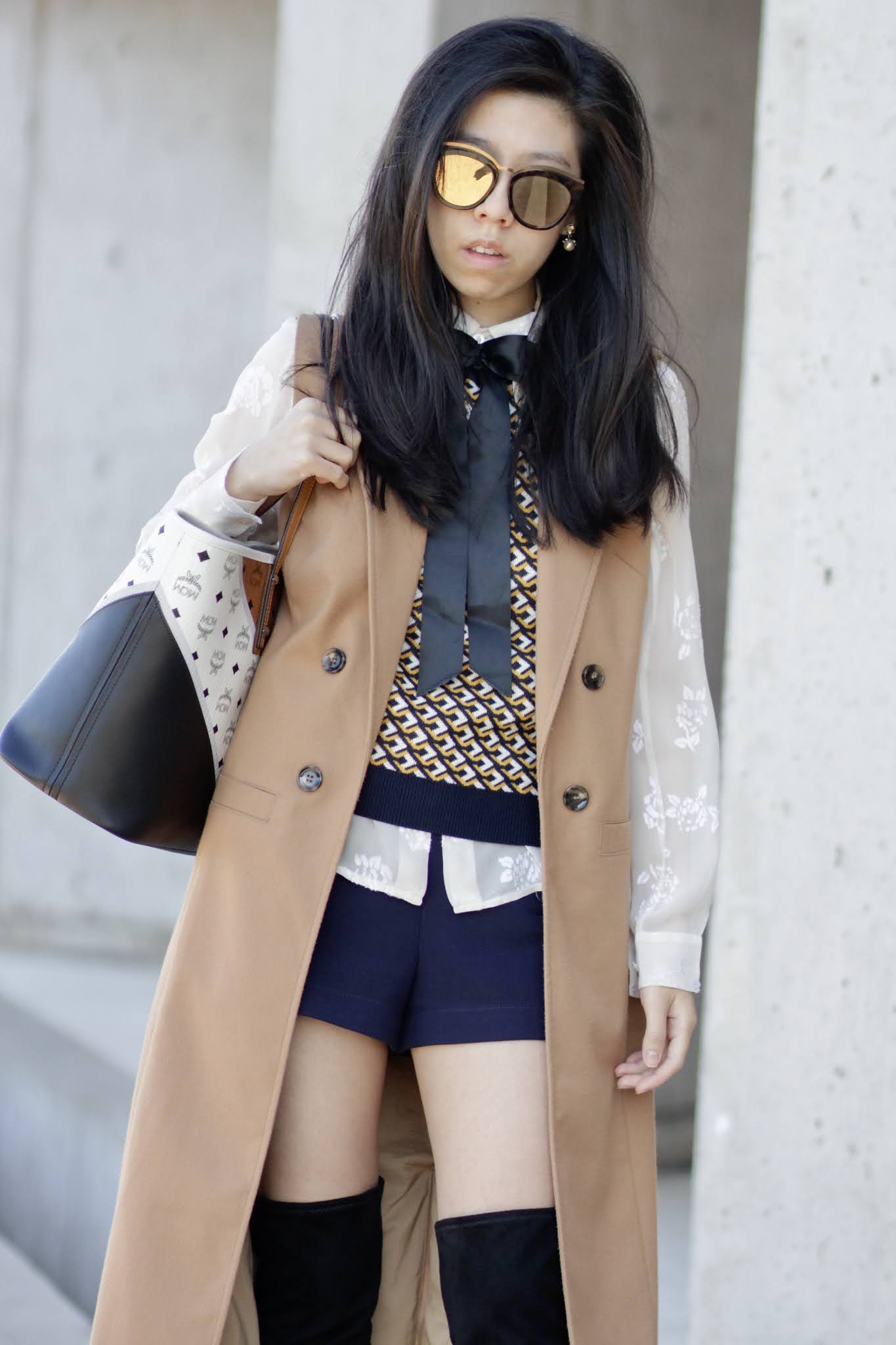 Sweater Vest with Bow Collar Button Down and Duster Coat OTK Boots Outfit_Gossip Girl Inspired Fashion in 2021_What to Wear in Spring_Adrienne nguyen