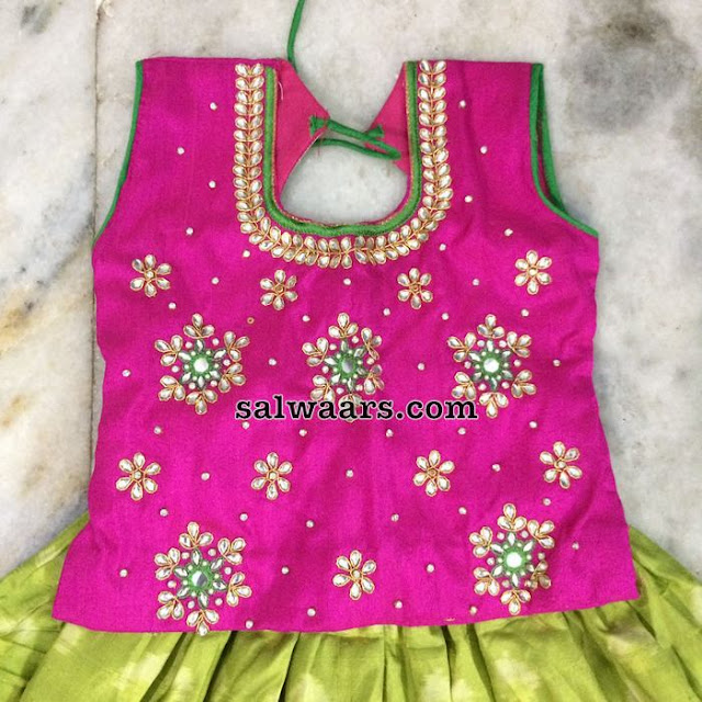 Green Pochampally Print Kids Lehenga