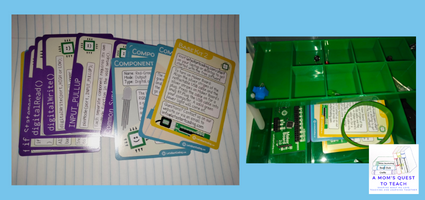 A Mom's Quest to Teach logo; reference cards; Let's Start Coding box