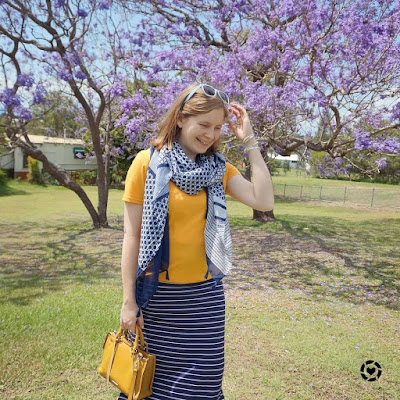 awayfromtheblue Instgagram | brisbane spring mum style mustard tee navy maxi skirt fashion scarf girl print mix