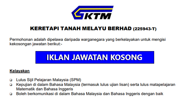 Jawatan Kosong di Keretapi Tanah Melayu Berhad KTMB