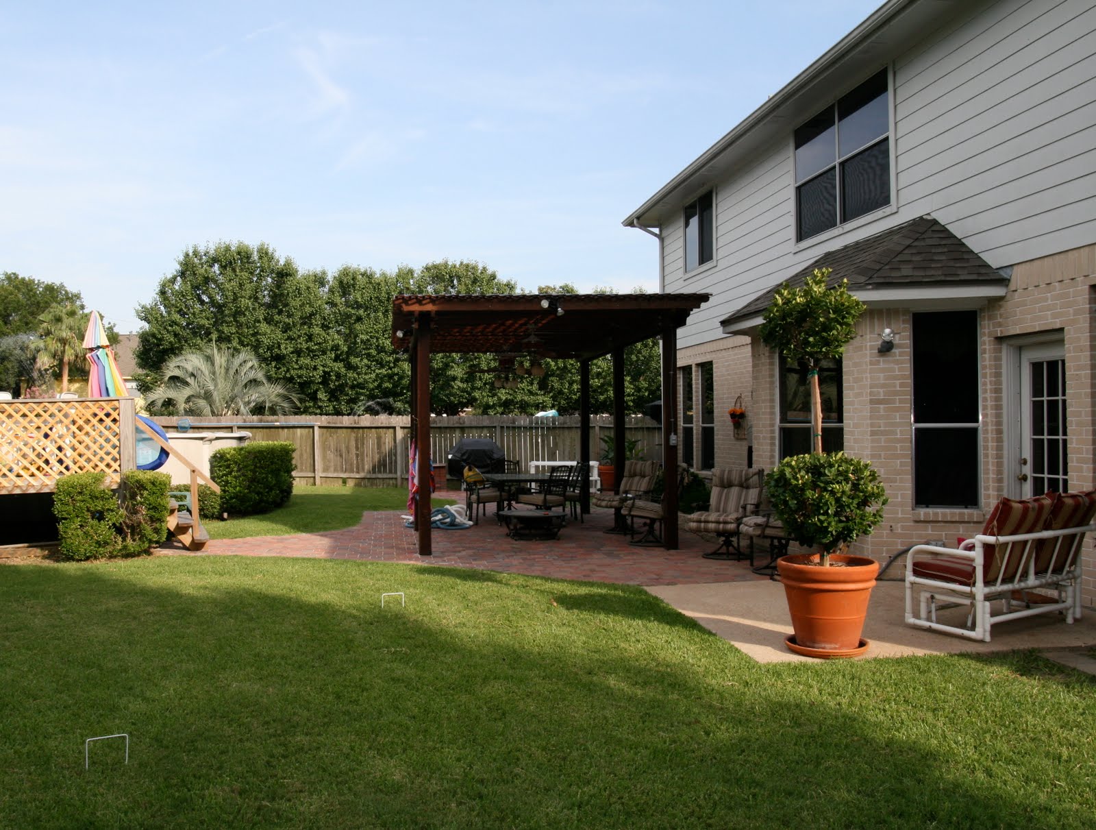 View of patio with brand-new top of the line above-ground pool! It is  title=