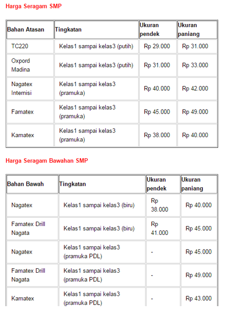 Daftar Harga  Baju Seragam  Sekolah  Lengkap Murah Pasaran 