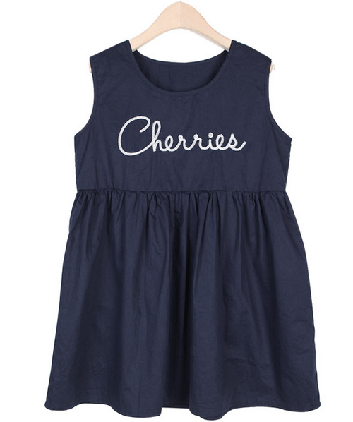 Casual Shirred Dress with Embroidered Text Print