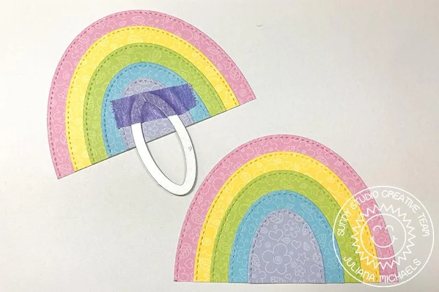 Sunny Studio Stamps: Prancing Pegasus Fluffy Cloud Border Dies Stitched Oval Dies Over The Rainbow Everyday Card by Juliana Michaels