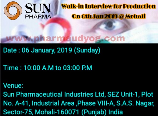 Sun Pharma | Walk-In for Production | 6th Jan 2019 | Mohali