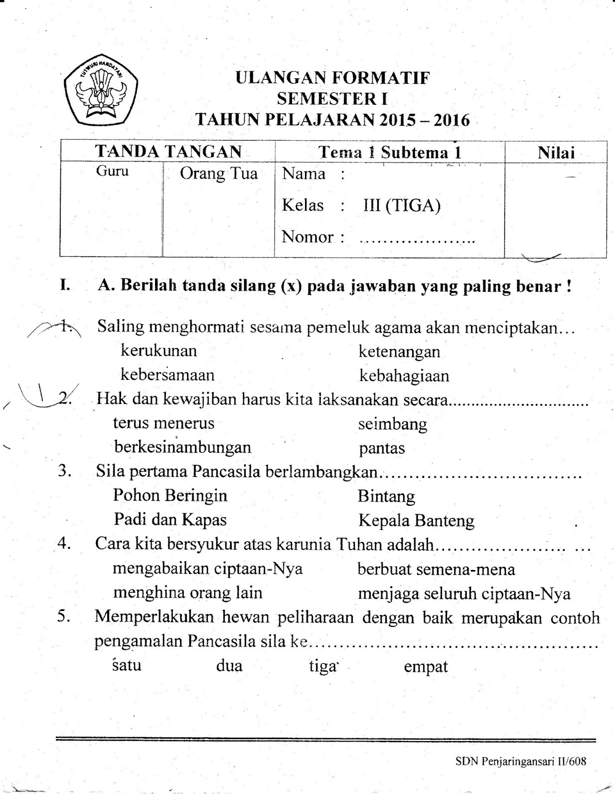 formatif1 Tema1 SubTema1 SD Kelas 3 Semester Ganjil TA2015 2016 Kurikulum 2013