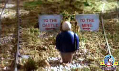 Sir Topham Hatt signboard notices read to the old knights castle the other to the quarry mine pit