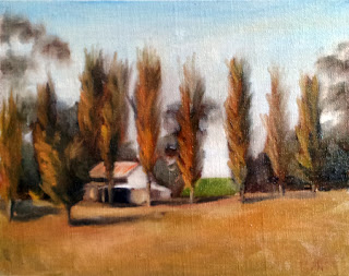 Oil painting of farm sheds and poplar trees on a low ridge.