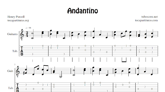 Andantino (tablature fingering tabs sheet music for guitar)