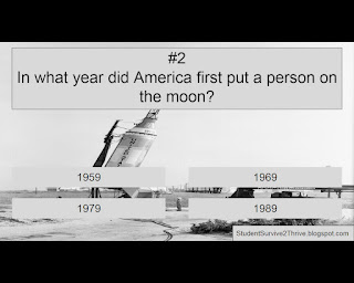 In what year did America first put a person on the moon? Answer choices include 1959, 1969, 1979, 1989