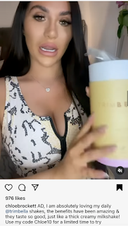 screenshot from Chloe Brocketts instagram with her holding a jar of trimbella shake powder