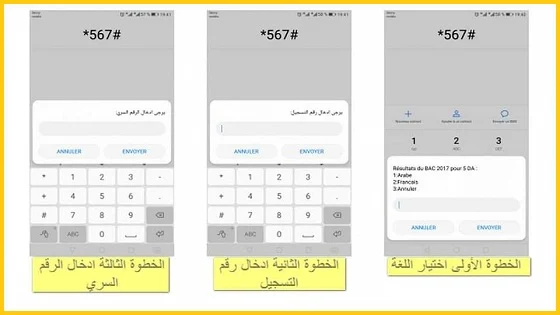 نتائج البكالوريا عن طريق الهاتف النقال SMS يكفي فقط للمترشح تشكيل الرقم #567 في هاتفه من أي متعامل للهاتف النقال وطلبه ثم ادخال رقم تسجيله والرقم السري وسيتمكن من معرفة نتيجته في البكالوريا