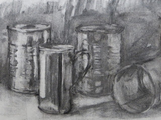 charcoal drawing of three tin cans and one coffee cup