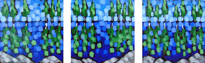 Reflection Lake Triptych painting by duluth artist aaron kloss, pointillism, painting of a lake in summer, acrylic landscape painting