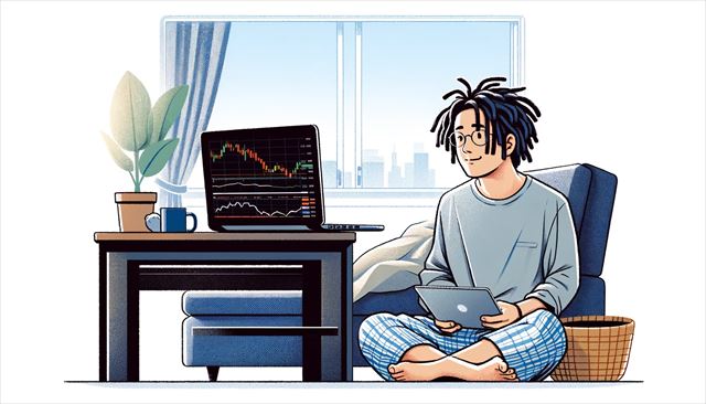 Create a wide illustration of a casual Japanese man with dreadlocks, experiencing a lazy day after a tiring walk. The scene captures him lounging at home, relaxed and somewhat fatigued, with a laptop open showing FX and stock charts. His expression should reflect a mix of contentment and mild exhaustion, indicative of his recent physical activity and his casual approach to learning trading. Include elements like a comfortable chair or sofa, and perhaps a window showing early morning light, emphasizing his restful start to the day. The style should be simple and minimalistic, focusing on his relaxed posture and the peaceful home setting.