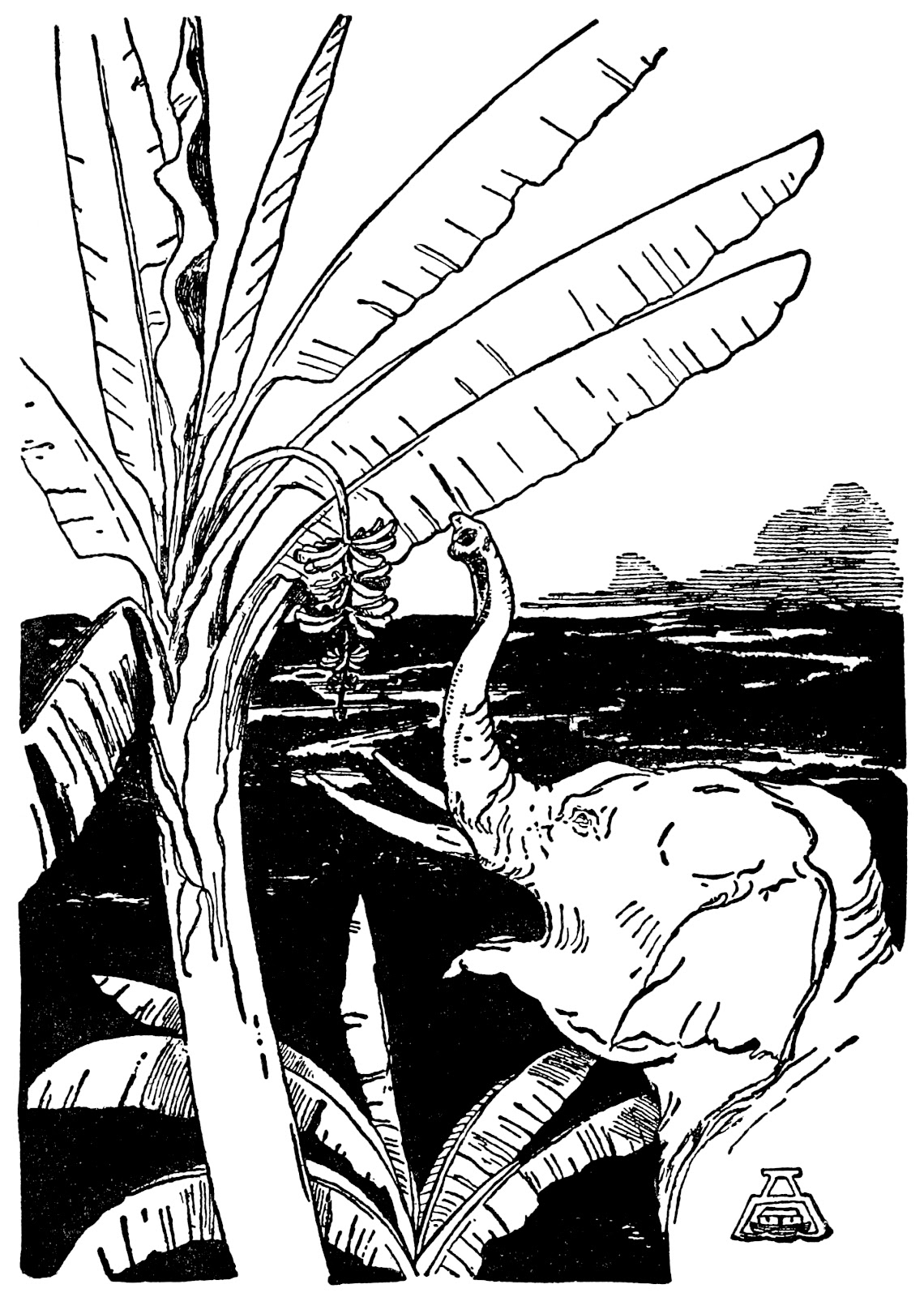 童話『象の子供』の挿絵：象の子供が川の方へ鼻を上げながら口を開けている