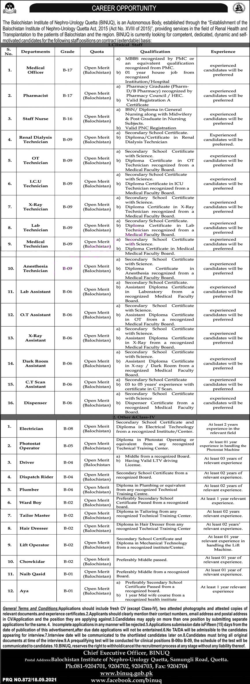 Balochistan Institute of Nephro-Urology Quetta BINUQ Today Latest  Jobs 2021