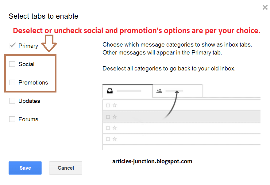 Deselect or uncheck social and promotion's tab in Gmail