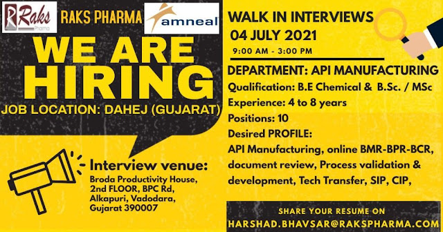 Job Availables, Raks Pharma( Amneal) Walk In Interview For B.E Chemical/ BSc/ MSc - API Manufacturing