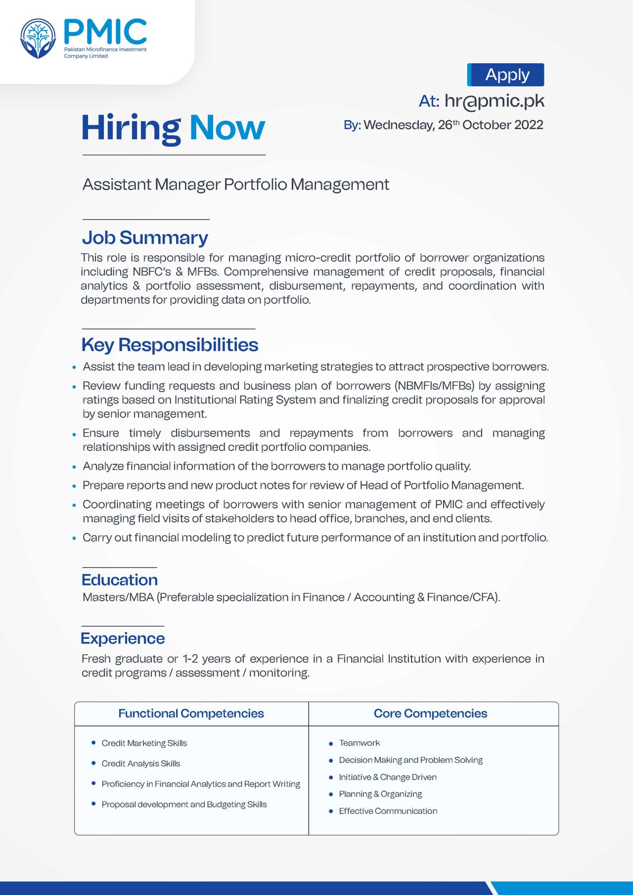 Pakistan Microfinance Investment Company Ltd PMIC Jobs For "Assistant Manager Portfolio Management"