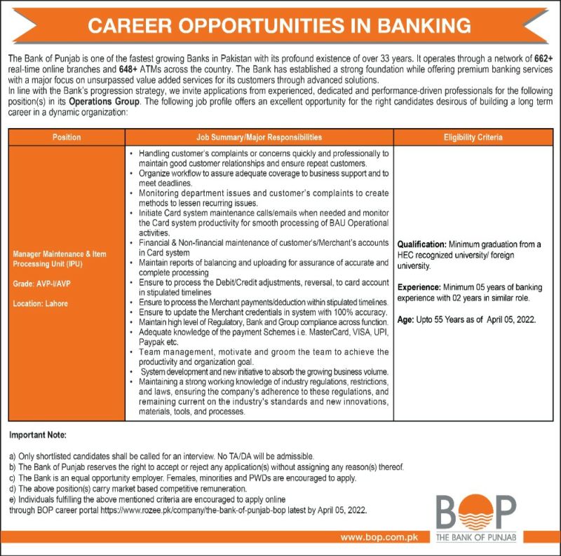 BOP Jobs 2022 – Punjab Bank Jobs – Apply Online bop.com.pk