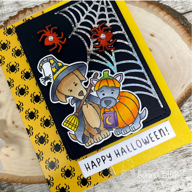 Happy Halloween Card by Donna Idlet | Happy Howl-oween Stamp Set, Spiderweb Hot Foil Plates, Spooky Sentiments Hot Foil Plates, Banner Duo Die Set and Halloween Time Paper Pad by Newton's Nook Designs #newtonsnook #handmade