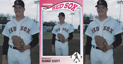 Rennie Scott 1990 Lynchburg Red Sox card, Scott up close smiling with glove