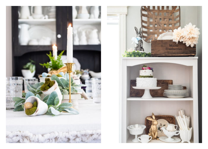 Spring decor in bookcase with ironstone dishes, gold bunny, painted terra cotta pots, eggs