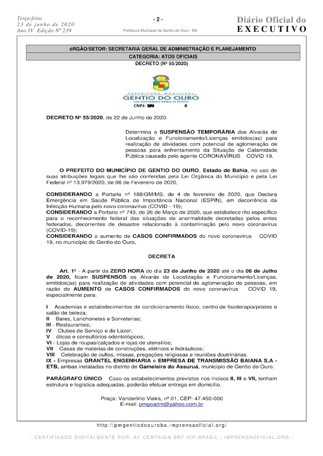 Prefeito de Gentio do Ouro- BA suspende funcionamento de alguns setores do comércio.