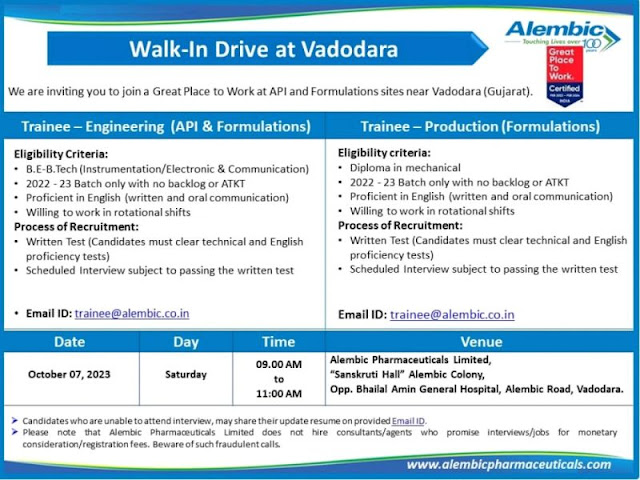 Alembic Pharma Walk In Interview For Fresher Engineering (API & Formulations)/ Production (Formulations)