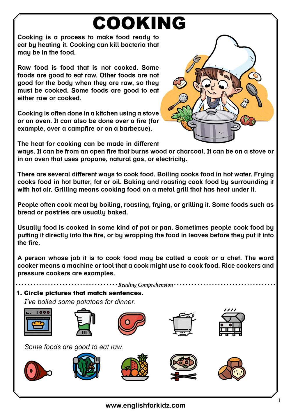 reading comprehension worksheets food and cooking