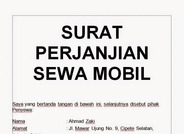 [.doc] CONTOH SURAT PERJANJIAN SEWA / RENTAL MOBIL PRIBADI SECARA