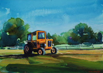 Acrylic painting of a tractor at knox farms in East Aurora New York