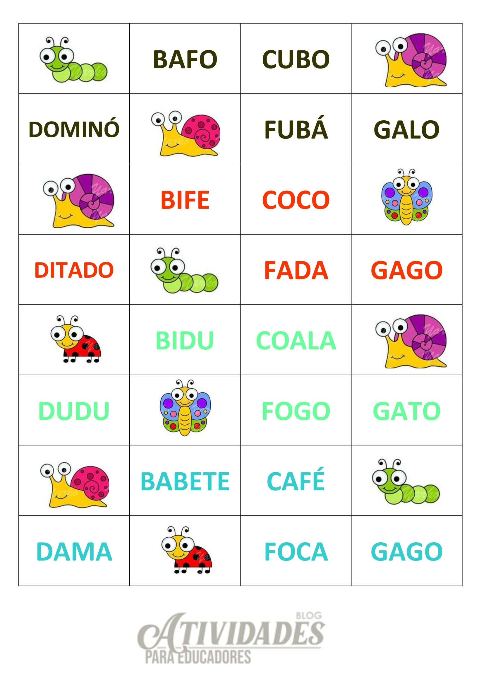 Cartelas do bingo com palavras que têm B, C, D, F, G