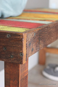 colorful rustic bench made with pallet wood and reclaimed wood http://bec4-beyondthepicketfence.blogspot.com/2014/04/colorful-rustic-bench.html