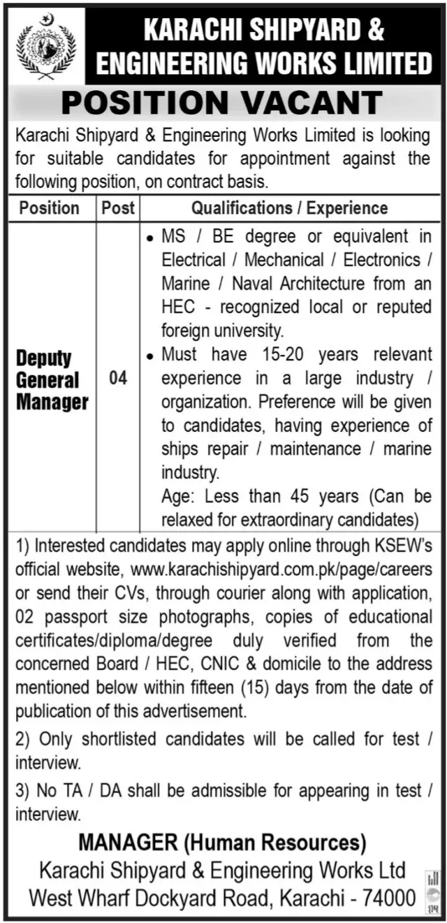 Latest Karachi Shipyard (KSEW) Jobs 2024 Advertisement
