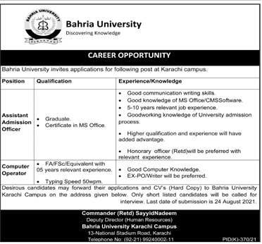 Bahria University Karachi Campus Jobs 2021 Latest Recruitment