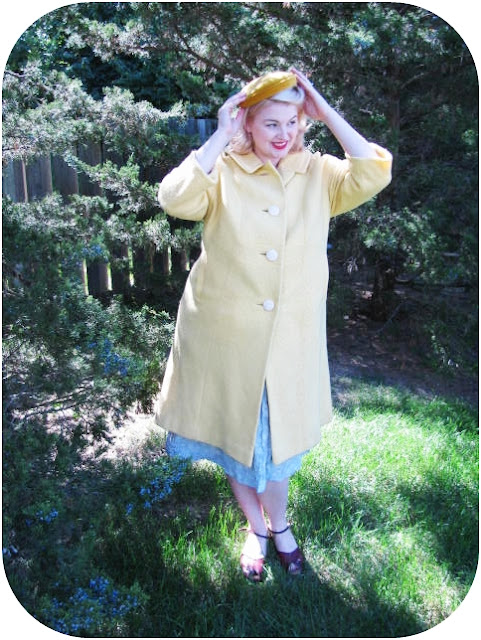 1960s yellow winter coat and yellow hat plus size retro fashion via Va-Voom Vintage