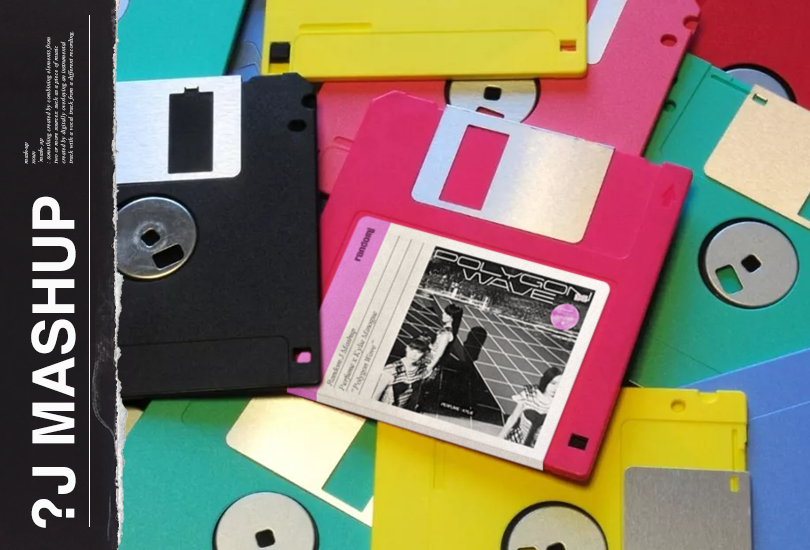 A pile of colourful floppy discs. With one pink disc with a label on it, which features the cover art of my Perfume x Kylie Minogue mashup. The cover of which features a shot from Perfume’s “Polygon Wave” music video.