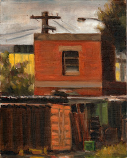 Oil painting of a small red-brick two-storey building with an electricity pole behind and a shipping container in front.