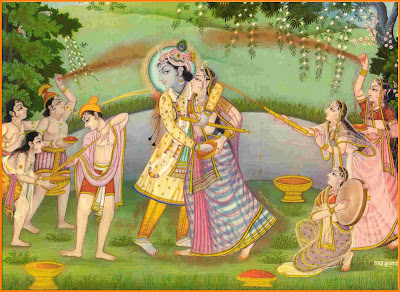 Radhe Krishna on bank of Yamuna playing Holi with other Gopis