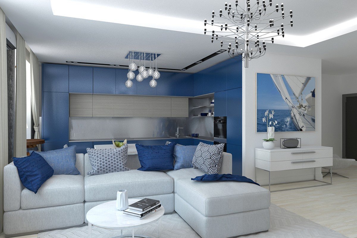 modern grey and navy living room