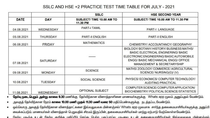 10th, 12th Unit Test Time Table Krishnagiri 