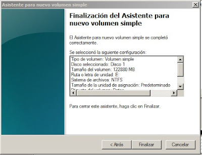 Asistente para nuevo volumen simple. Finalizar.