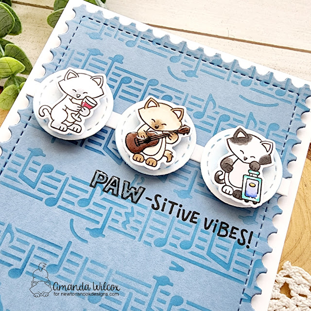 Kitty Card Trio by Amanda Wilcox | Newton Makes Plans Stamp Set, Heartfelt Meows Stamp Set, Framework Die Set, and Music Stencil by Newton's Nook Designs #newtonsnook